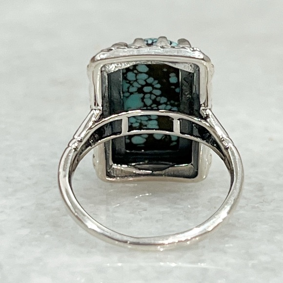 Blue Moon Turquoise Black Oxidized Sterling Silver Rectangular BOHO Ring Sz 7 - Picture 9 of 10